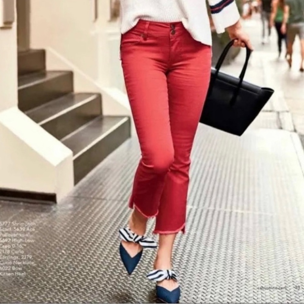 Cabi 5692 Hi-Low Crop Red Stretchy Raw Hem Jeans
